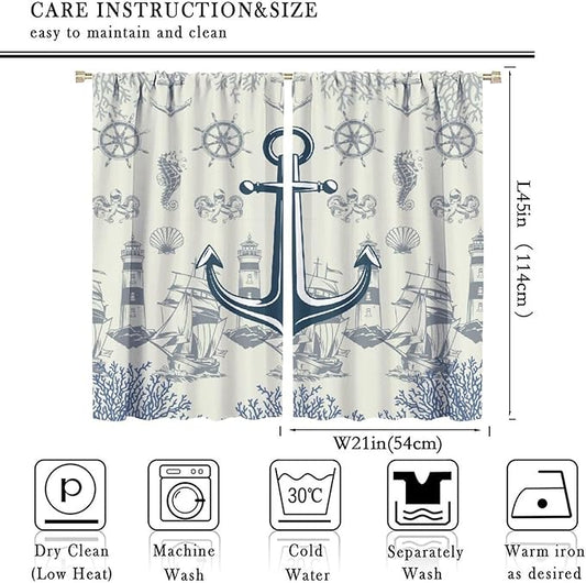 Nautical Anchor Curtains, Vintage Sailboat Ocean Coastal Lighthouse Window Drapes, Navy Blue Coral Shell Seahorse Beach Print Blackout Window Treatments for Living Room Bedroom 42x45 Inch