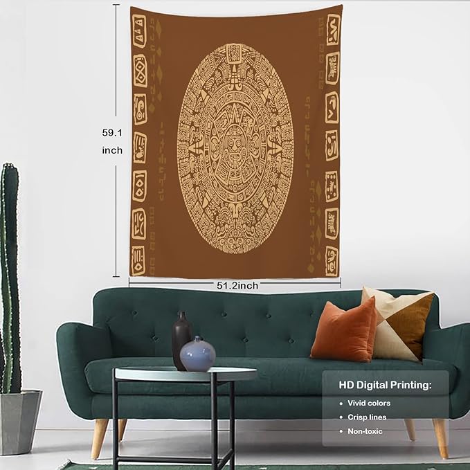 Batmerry Brown Ancient Mayan Tapestry, Calendar Wall Art Hanging Decoration Polyester Fiber White Ruffled Around for Dorm Room Bedroom Living Room, 59.1x51.2 inches