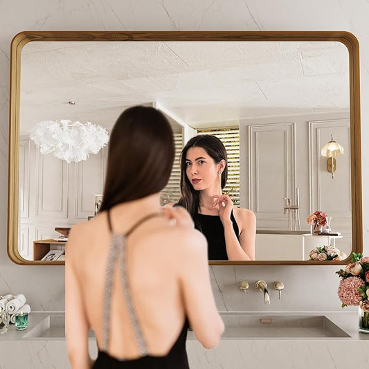 LOAAO 48X30 Inch Bathroom Mirror with Wood Grain Colored Metal Frame, Rounded Rectangle Metal Framed Bathroom Mirror, Anti-Rust, Hangs Horizontally or Vertically, Tempered Glass