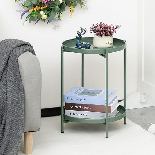 HollyHOME 2-Tier Round Side Table, Outdoor Small Folding Accent Stand with Removable Tray, Anti-Rust Metal Asional Table for Balcony Patio Living Room, Nightstand for Bedroom(Matcha Green)
