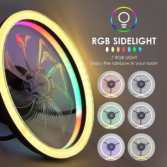 Ceiling Fans with Lights - Modern Flush Mount Ceiling Fan,16" RGB Dimmable LED Enclosed Ceiling Fans,Low Profile Bladeless LED-RGB Ambient Light for Bedroom Kids Room Party(Black)
