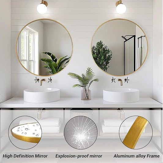 Gold Round Mirror 16 inch, Small Round Mirror, Gold Circle Mirrors, Metal Frame Circle Mirrors for Bathroom, Bedroom, Vanity, Wall Decor.