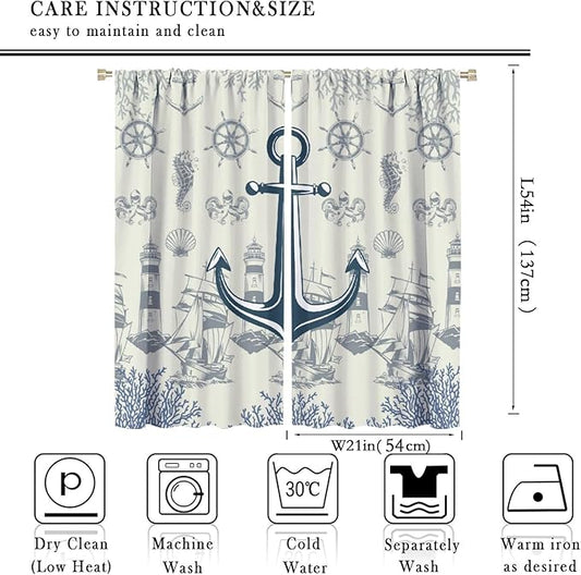 Nautical Anchor Curtains, Vintage Sailboat Ocean Coastal Lighthouse Window Drapes, Navy Blue Coral Shell Seahorse Beach Print Blackout Window Treatments for Living Room Bedroom 42x54 Inch