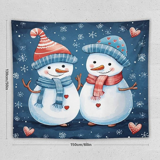 MaSiledy Snowman Couple Tapestries Christmas Winter Snowman Wall Hanging Wall Tapestry Aesthetic Landscape Tapestry Wall Hanging For Room 50"x60" Holiday Scene Banner for Winter Christmas Party