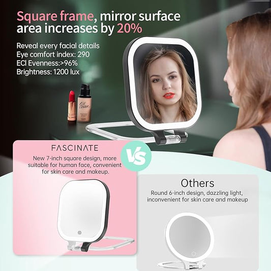 FASCINATE 20X Magnification Rechargeable Travel Makeup Mirror, 7" Lighted Portable Vanity Mirror with 3 Colors Lighting & Stepless Dimming, Double Sided LED Mirror, Gift for Women (Black)