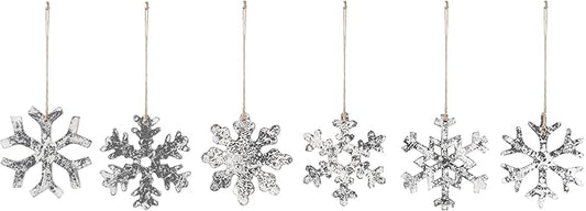DEMDACO Cozy Time Silver Tone 4 x 4 Inch Wood Christmas Tree Decoration, Festive Holiday Décor, Distressed, Hanging Ornaments, Set of 6, Snowflake