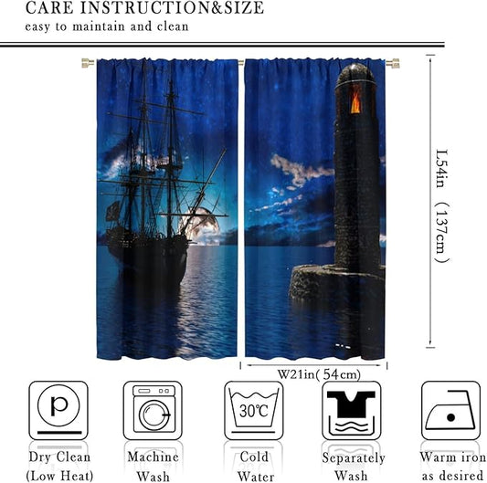 Pirate Ship Curtains, Nautical Sailboat Sailing Ocean Adventure Full Moon Cloudy Night Sky Old Lighthouse Print Blackout Window Treatments for Bedroom Living Room 42x54 Inch