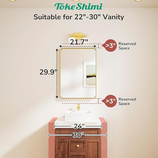 TokeShimi Gold Bathroom Mirror 22x30,HD Tempered Glass,Brushed Gold Bathroom Vanity Mirror for Over Sink,Aluminum Framed Mirror Wall(Horizontal/Vertical)