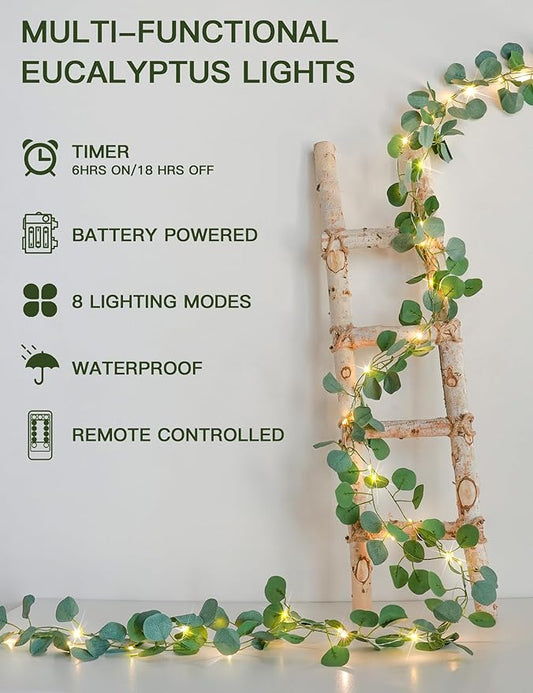 suddus Vines with Lights Battery Operated, 33ft 100 LED Eucalyptus Garland String Lights with Remote, Leaf Lights for Bedroom, Room, Wall, Garden, Party, Wedding Decor (Warm White)