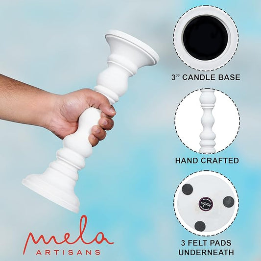 Mela Artisans Wooden Pillar Candle Holders | Willow Design | Set of 3 Mango Wood Candlesticks | Matte White | Sizes 6" & 9" & 12" | Table Decor | Centerpiece | Mantel | Wedding | Living Room Decor