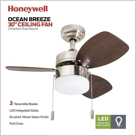 Honeywell Ceiling Fans Ocean Breeze Modern 30 Inch Ceiling Fan with Light, Pull Chain LED Indoor Fan with 3 Blades, Satin Nickel and Light Oak Blade Finish Options, Brushed Nickel (50601-01)