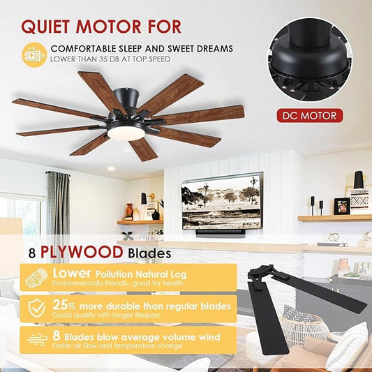 Ceiling Fans with Lights- 52" Low Profile Indoor Ceiling Fan with Light and Remote/APP Control, 8 Blade,Flush Mount, LED Dimmable DC Reversible Modern Ceiling Fan for Bedroom(Brown)