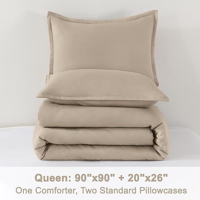 Litanika Khaki Comforter Set Queen Size, 3 Pieces Solid Bedding Comforter Set, All Season Down Alternative Bed Set (90x90In Comforter & 2 Pillowcases)