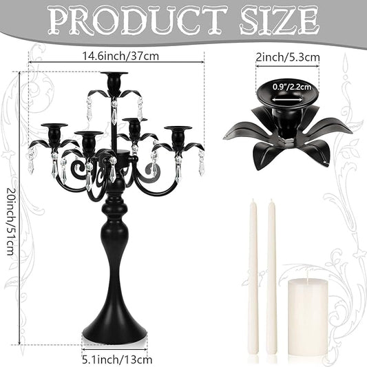 20''Tall Black Crystal Pendant Taper Candle Holders/Stylish Candle Stands/Candlesticks Holder/Candelabra for Home Decor, Weddings/Parties/Elegant Dining Table Centerpiece (1, Black, 5 Arm)