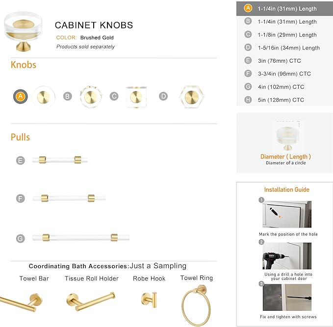 QOGRISUN 20-Pack Brass Crystal Cabinet Knobs,Glass Crystal Gold Drawer Knobs,1-1/4-Inch Round, Decorative Dresser Pulls, Modern Cabinet Hardware