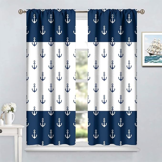 Anchor Pattern Curtains, Nautical Theme Navy Blue White Anchor Sea Life Adventure Print Blackout Window Treatments for Living Room Boys Men's Bedroom 72x63in