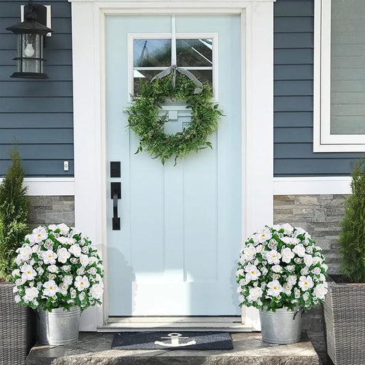 Artificial Boxwood Topiary Ball Trees with Ground Spikes UV Resistant Faux Greenery Shrubs Fake Shrubs for Outdoors, Realistic Faux Plants Bushes for Garden Porch Yard Patio Decor (White)