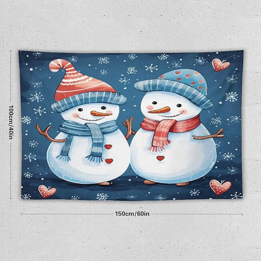 MaSiledy Snowman Couple Tapestries Funny Cute Snowman with Hat And Scarf Tapestries for Bedroom Aesthetic Landscape Tapestry Wall Hanging Decor Home Decoration for Bedroom Living Room Dorm 40"x60"