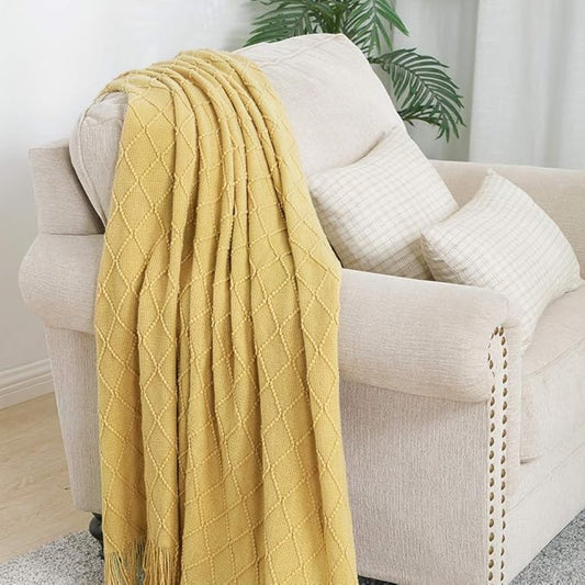 BOURINA Mustard Throw Blanket 60x80 Inches Throw Textured Solid Soft Sofa Throw Couch Knitted Decorative Blanket