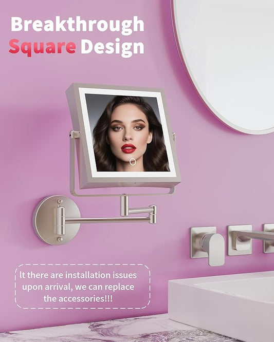 Rechargeable Wall Mounted Makeup Mirror with Lights, 4000mAh Double Sided 1X/10X Magnifying Vanity Mirror with 3 Color Lights, Touch Dimmable, 360° Extension Foldable Arm(Brushed Nickel)