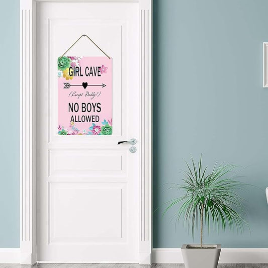 Wood Girl Cave Sign, 8x12 Inch, No Boys Allowed for Girl Bedroom Decor