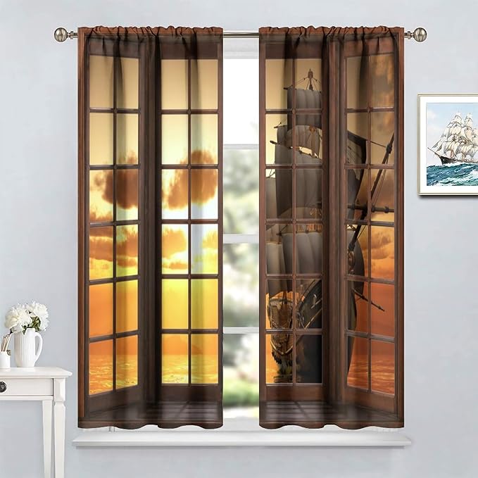Retro Ship Curtains, Window View Sailing Boat Ship Schooner, Nautical Style Ocean Sunset Landscape Print Blackout Window Drapes for Boys Bedroom Living Room 72x63in