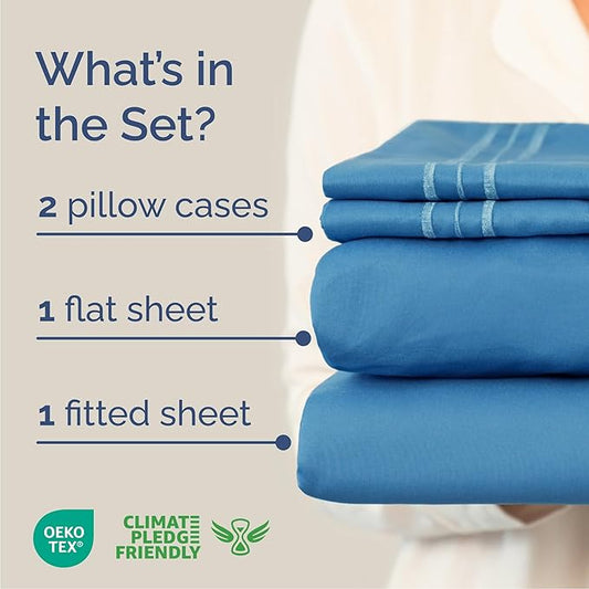 Cal King Size 4 Piece Sheet Set - Comfy Breathable & Cooling Bed Sheets Set - Hotel Luxury Bedding for Women, Men, Kids, Teens, Boys & Girls - Deep Pockets, Soft, Wrinkle Free - Oeko-Tex - Denim Blue
