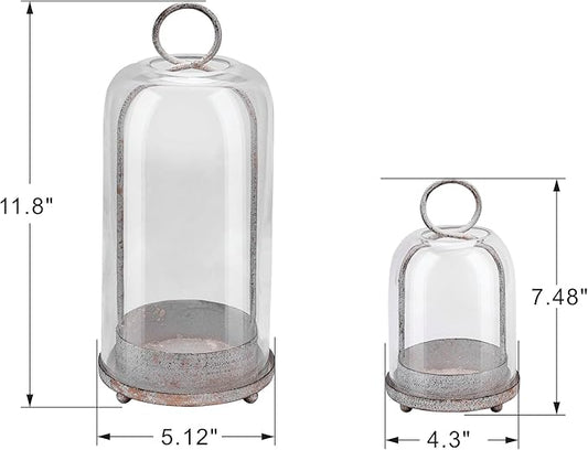 5" & 4" Wide Versatile Metal Candle Holder in Shabby White with Handmade Thick & Sturdy Glass Dome Cover for Pillar Candle & Plants, Farmhouse, Shabby Chic Style (2, White Shabby, Large & Small)