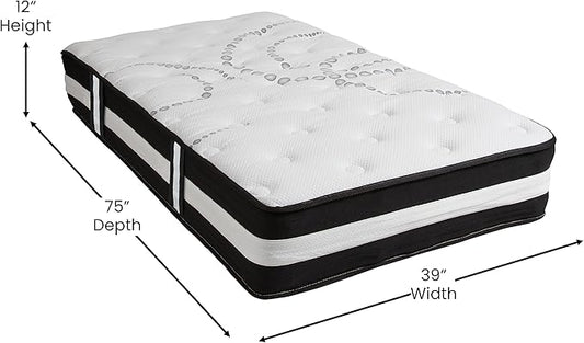 Flash Furniture Capri Comfortable Sleep 12" Hybrid Pocket Spring and Foam Mattress in a Box, Foam Pocket Spring Hybrid Mattress for Pressure Relief, Twin
