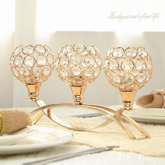 Crystal Tealight Candle Holder Centerpiece Home Decorative Candlestick Holder Elegant Table Centerpiece Home Decor Wedding Party Anniversary (Gold, 3 Arm)