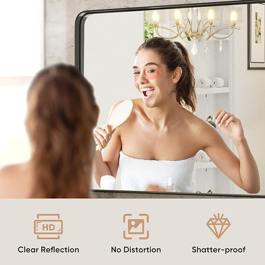DUMOS Black Metal Framed Vanity Rounded Rectangle Bathroom Mirrors for Over Sink Wall, 30x22 Inch Matte Large Mirror, Modern Decorative for Restroom, Farmhouse, Horizontally or Vertically Hanging