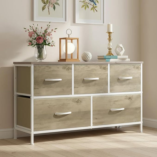 OLIXIS Dresser for Bedroom with 5 Drawers, Wide Chest of Drawers, Fabric Bedroom Dresser with Drawer Organizer, Storage Organizer Unit with Fabric Bins for Closet, Living Room, Hallway, Classic Black