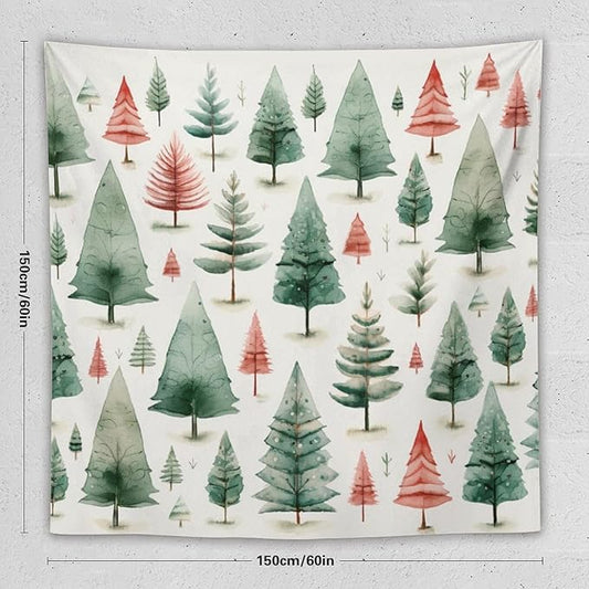 MaSiledy Tapestry Vintage Christmas Tree Watercolor Tapestry Aesthetic Winter Christmas Wall Tapestries Wall Hanging Decor Tapestry for Bedroom Aesthetic Alt Room Landscape 60"x60"