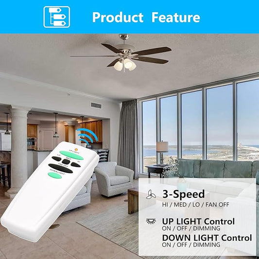 Universal Ceiling Fan Remote Control Kit with Up Down Light Controls Replacement for Hampton Bay Hunter Harbor Breeze,w/Receiver Dimmer 3-Speed,Replace for UC7078T CHQ7078T UC7083T CHQ7083T Fan-HD