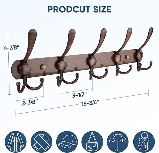 TICONN Wall Mounted Coat Rack, Five Heavy Duty Tri Hooks All Metal Construction for Jacket Coat Hat in Mudroom Entryway (Antique Bronze, 1-Pack)