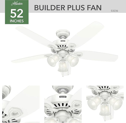 Hunter Fan Company 53236 Hunter Builder Plus Indoor Ceiling Fan with Lights and Remote Control, 52", Snow White Finish