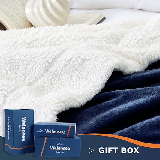 Walensee Sherpa Fleece Blanket (Throw Size 50”x60” Navy) Plush Throw Fuzzy Super Soft Reversible Microfiber Flannel Blankets for Couch, Bed, Sofa Ultra Luxurious Warm and Cozy for All Seasons