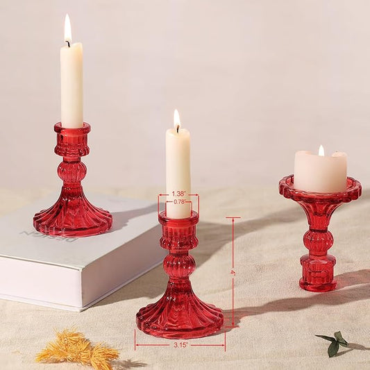 12PCS Red Candlestick Holders Set- 4" H Taper Candle Holders, Glass Candle Holders Bulk for Activities, Party, Home Table Centerpieces, Festival Gifts & Windowsill Decor