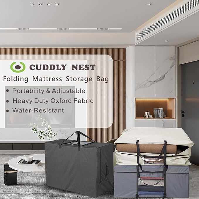 Cuddly Nest Folding Mattress Storage Bag - Heavy Duty Carry Case for Tri-Fold Guest Bed (Fits 4" Twin & Twin XL Mattress,Black)