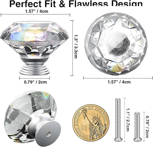 POZEAN Crystal Cabinet Knobs 30Pack, 1.57inch Dresser Knobs for Cabinet, Drawer with Two Different Sizes Screws, Diamond Glass Pulls Handles (40mm, 30Pack, Clear-Silver)