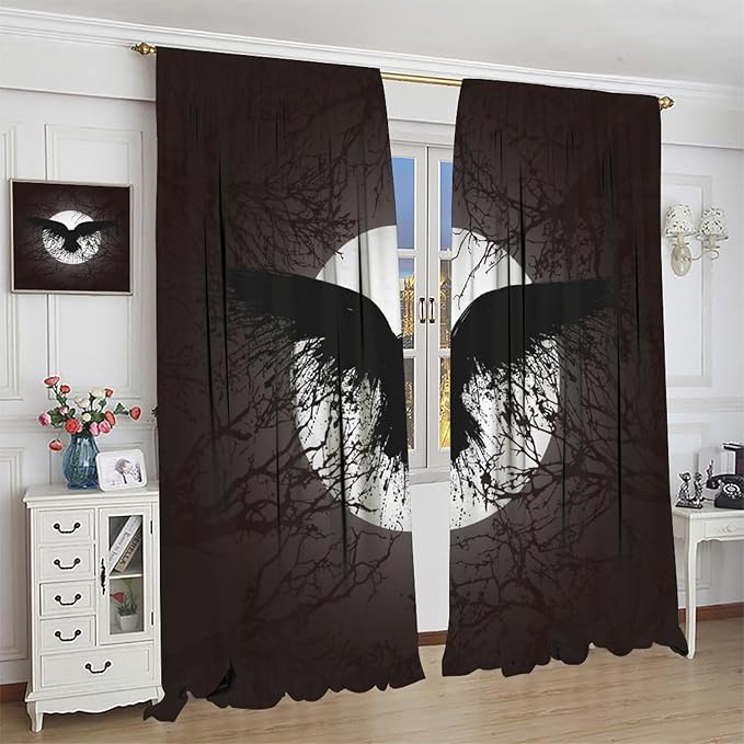 Cool Raven Print Curtains - Vintage Nordic Viking Theme Dead Tree Crow Full Moon Thermal Insulated Blackout Curtains - Rod Pocket Window Treatment Drapes for Bedroom 2 Panels 63L x 31.5W