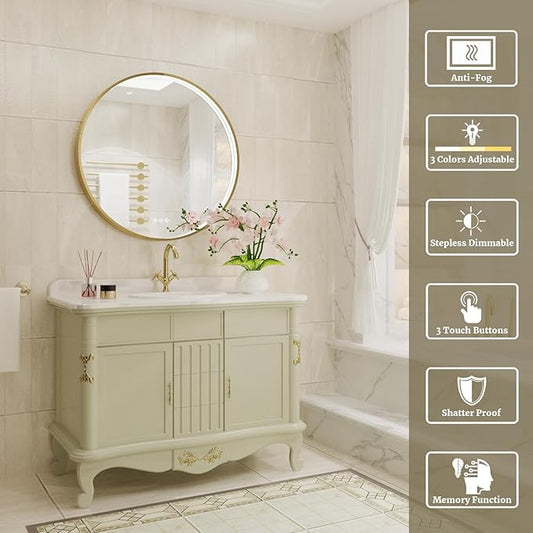 28 Inch Round LED Bathroom Mirror, Gold Metal Framed Lighted Mirror for Bathroom, Wall Mouted LED Vanity Mirror with Lights, 3 Colors and Stepless Dimmable, Anti-Fog, Memory