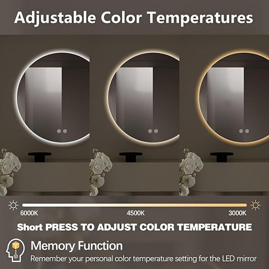 Niccy Round Led Mirror for Bathroom, 32" Circle Frameless Backlit Mirror wiht Light, Anti-Fog, 3 Colors, Waterproof, Memory Function