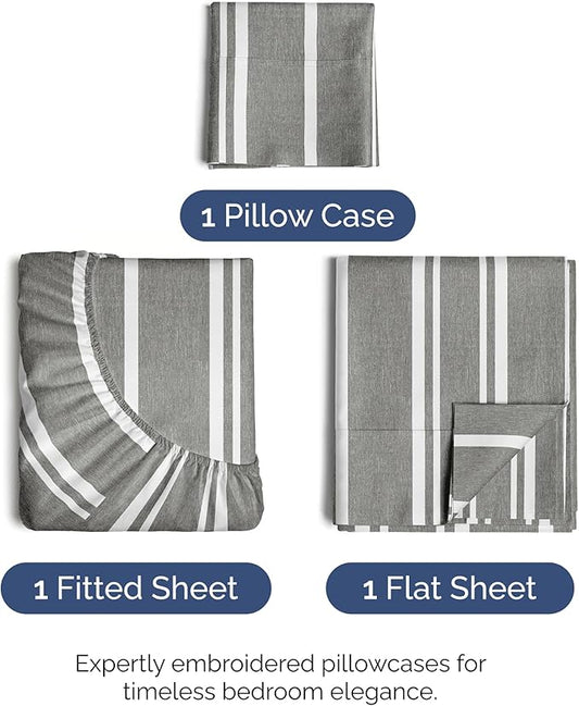 Twin XL Size 3 Piece Sheet Set - Comfy Breathable & Cooling Bed Sheets Set - Hotel Luxury Bedding for Women, Men, Kids, Teens, Boys & Girls - Deep Pockets and Wrinkle Free - Oeko-Tex - Grey Stripes 3
