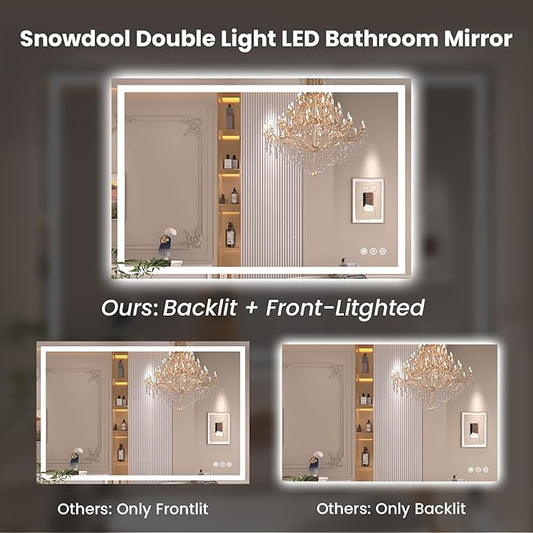 48"X30" LED Bathroom Mirror with Front Lights and Backlit, Anti-Fog, Dimmable, Shatter-Proof Tempered Glass, Lighted Bathroom Vanity Mirror for Wall with 3 Colors, Memory Function