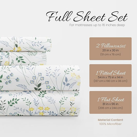 Linen Market Double-Brushed Patterned Microfiber Full Sheet Set 4 Piece – Oeko-TEX Certified Ultra Soft & Wrinkle-Free - 16" Deep Pocket Sheets - Easy Care Full Size - Wildflower Light Blue