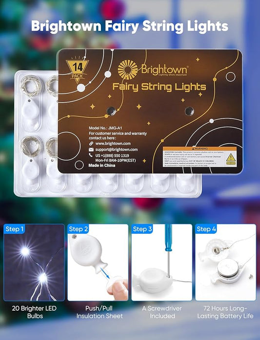 Brightown 14 Pack White LED Fairy Lights Battery Operated String Lights, 7ft 20LED Waterproof Silver Wire String Lights, Firefly Starry Moon Lights for Mason Jars DIY Christmas Wedding Party Bedroom
