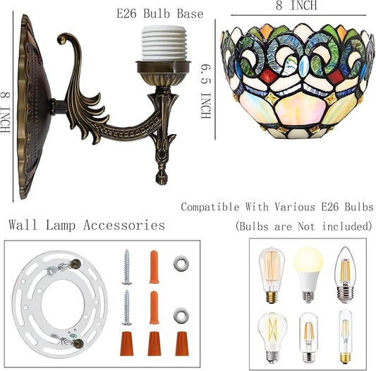 Tiffany Sconce Lamp Stained Glass Wall Lamp,8X10.5X11 Inch Plug in Wall Bedside Light for Hallway Bedroom (Seven Color Baroque)