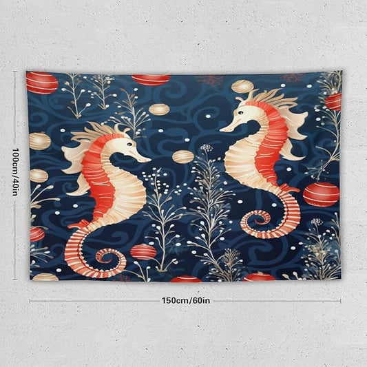 Seahorse Christmas Kiss Beach Tapestry As Wall Art Coastal Nautical Bedroom Tapestries Landscape Tapestry Wall Hanging for Bedroom Living Room Dorm Decor 40"x60" Christmas Family Party