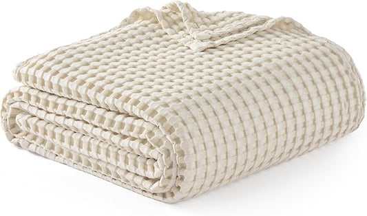 Bedsure Cooling Cotton Waffle Queen Size Blanket - Lightweight Breathable Blanket of Rayon Derived from Bamboo for Hot Sleepers, Light Beige, 90x90 Inches